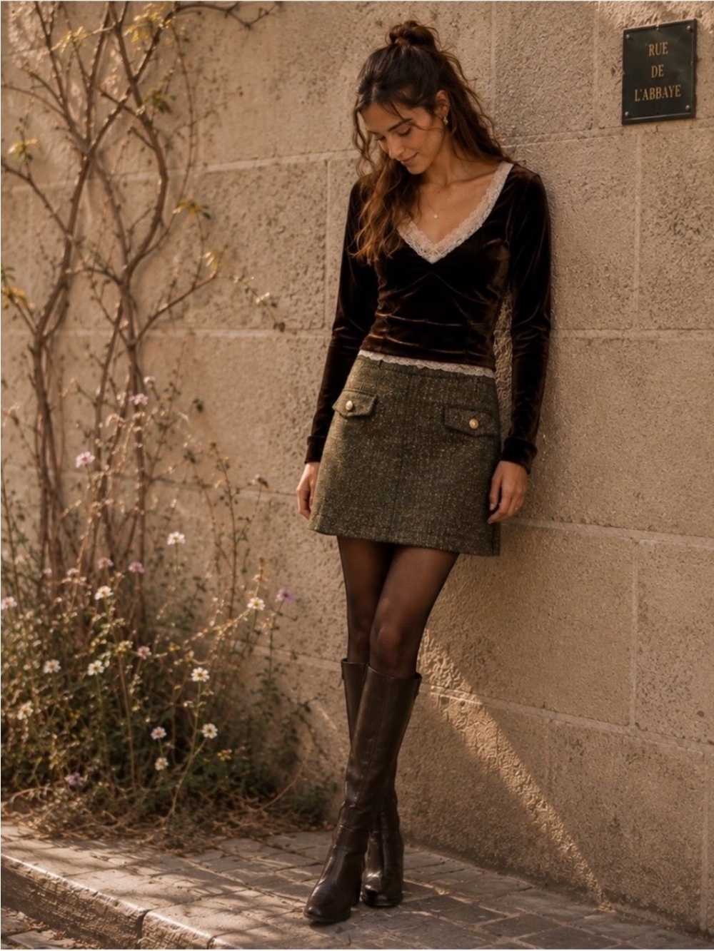 Anthropologie Brown Velvet Long Sleeve top with Pink Lace Trim